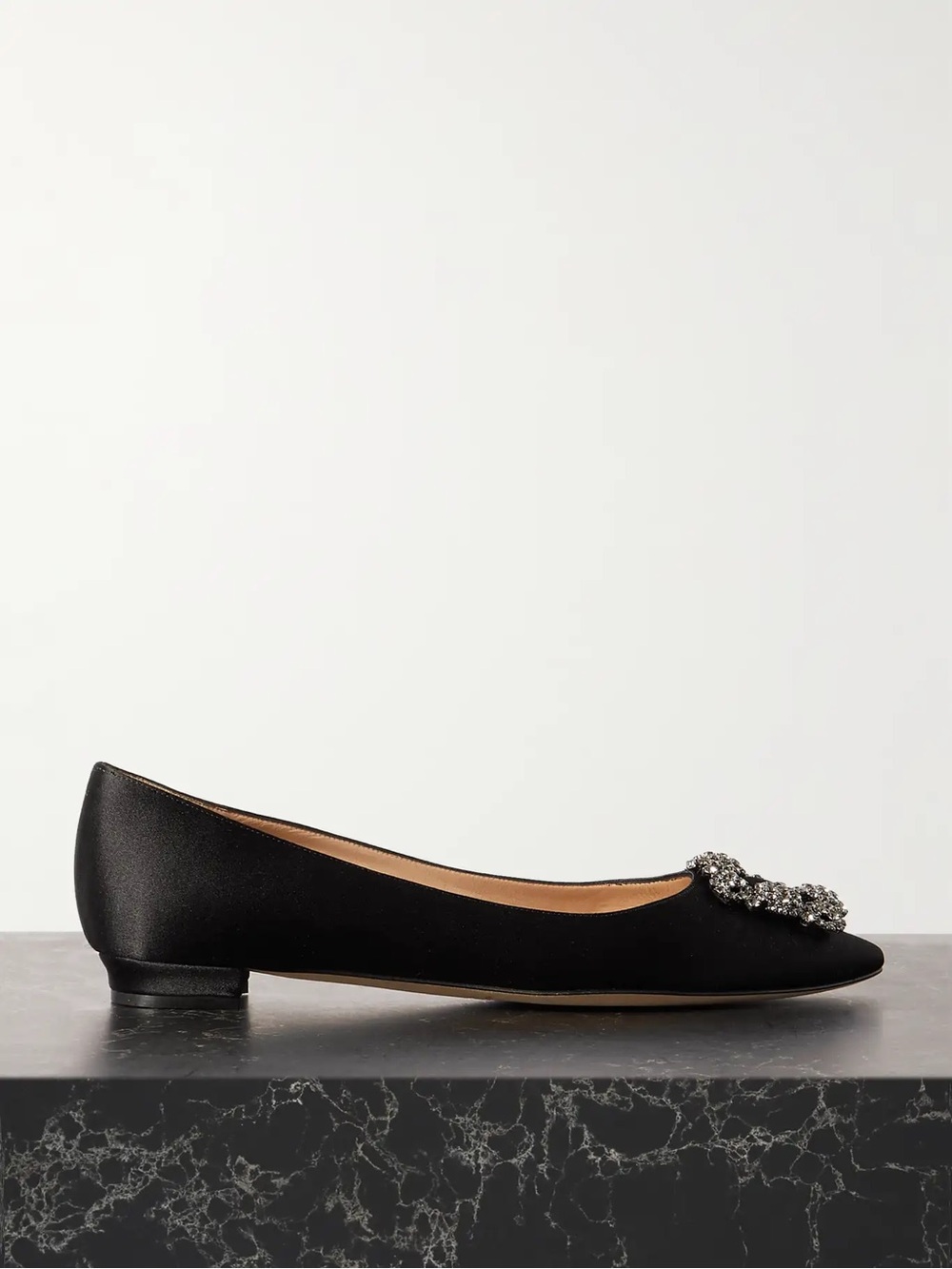 Manolo Blahnik Hangisi Black Satin Crystal Buckle Flats